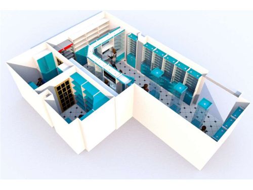 Дизайн в 3D аптечной мебели в цвете Мармара Голубая + Белый с высокой первой линией, фото 4