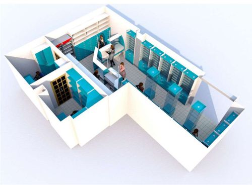 Дизайн в 3D аптечной мебели в цвете Белый + Мармара Голубая с низкой первой линией, фото 4