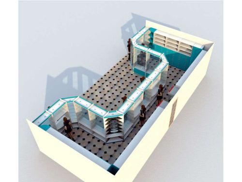 Проект 3D расстановки П-образного оборудования для аптеки с высокой первой линией в цвете Белый и Голубая Мармара, фото 5
