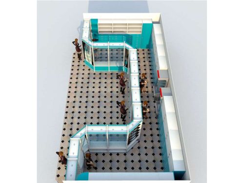 Проект 3D расстановки П-образного оборудования для аптеки с высокой первой линией в цвете Белый и Голубая Мармара, фото 6