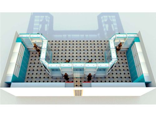 Проект 3D расстановки П-образного оборудования для аптеки с высокой первой линией в цвете Белый и Голубая Мармара, фото 4