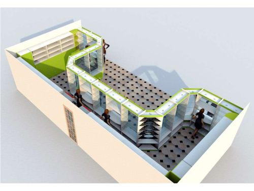 Проект 3D расстановки П-образного оборудования для аптеки с высокой первой линией в цвете Лайм, фото 4