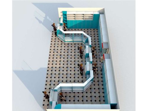Проект 3D расстановки П-образного оборудования для аптеки с низкой первой линией в цвете Белый + Голубая Мармара, фото 6