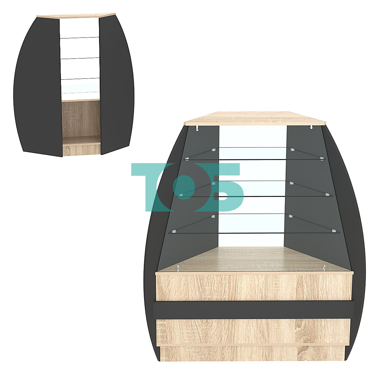 Торговый прилавок со стеклом серии БРИЗ №3 угловой (внешний угол) Дуб Сонома + Черный