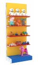 Разноцветный высокий стеллаж с полками ДСП для продажи детской одежды KIDS-ДО-СТД-1