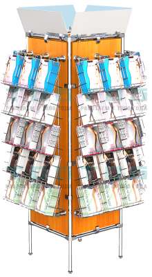 Островной стационарный стенд Квадрат с хромированными дисплеями для колгот №4а-Д11 (с обзорными зеркалами)
