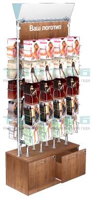 Островная двусторонняя витрина с ячейками в виде карманов для продажи колгот без задней стенки №ОВДПК-Т20-Д12 (с обзорными зеркалами)