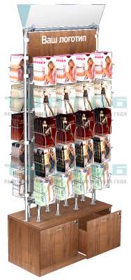 Островная выставочная витрина с ячейками-карманами для продажи колгот З/C-Зеркало №ОВДПК-Т20-Д12 (с обзорными зеркалами)