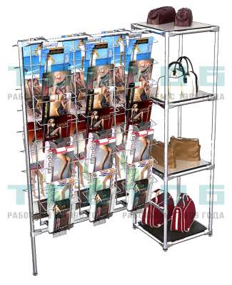 Островной стенд для продажи колгот с хромированными дисплеями ЛИНИЯ Д-04 №1-4 и зеркальными полками 4 мм
