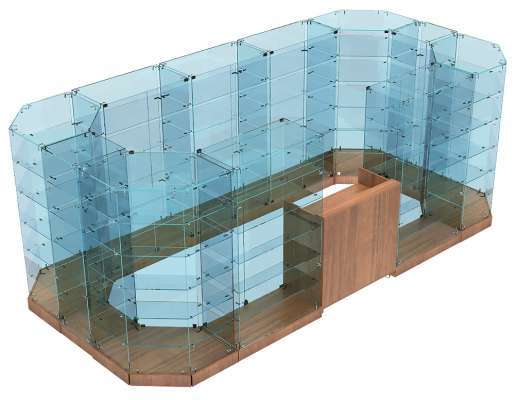 Островок-павильон в торговый центр продольный стеклянный с пятью полками в каждом отсеке ОПВТЦ-АБ-№13