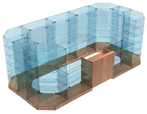 Торговый остров-павильон с двумя стеклянными прилавками у кассы ТОПВМ-АБС-14