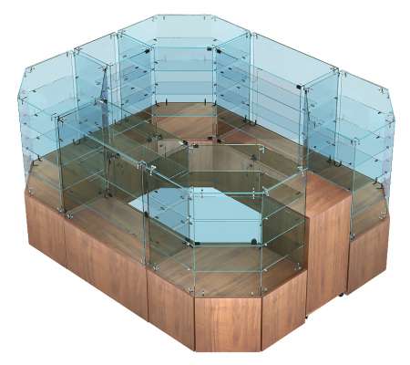 Торговый стеклянный островок-павильон с платформой-накопителем на заказ ТОПНЗ-ЦЗ-02