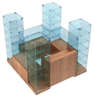 Остров-павильон квадратный с витринами-стаканчиками из торговой мебели №ОПИТМ-ХИТ-16