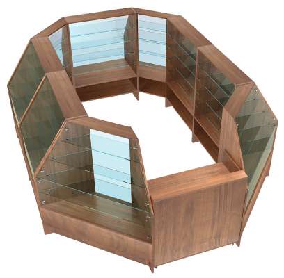 Остров-павильон из торговой мебели с наклонным фасадным стеклом №ОПИТМ-АЛ-02