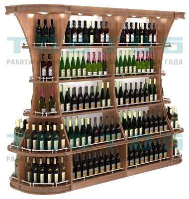 Островной высокий стеллаж секционный с закруглениями и подсветкой для продажи алкоголя серии ГАРАНТ №2