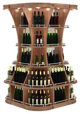 Островной высокий стеллаж для продажи алкоголя вокруг колонны с подсветкой серии ГАРАНТ №2