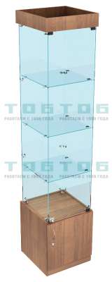 Квадратная витрина в магазин по продаже алкоголя с прозрачной стенкой и с тремя стеклянными полками №ВДА-И2