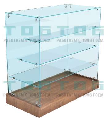 Прилавок из стекла с цоколем и тремя полками для магазина алкогольной продукции №ПДА-ИС-3