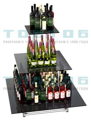 Хромированный остров с квадратными тонированными полками под бутылки для продажи алкоголя №3