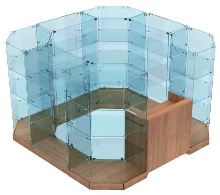 Торговый павильон - островок из стекла со скошенными углами для продажи косметики ТПОДК-АБ-03