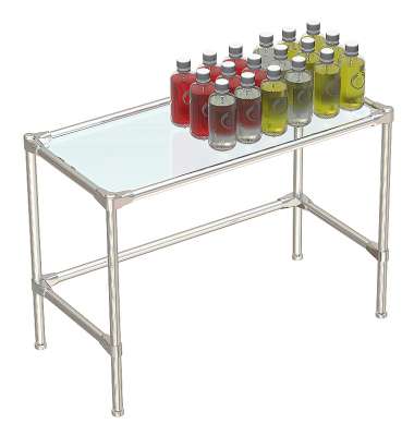 Хромированный средний демо-стол со стеклянной полкой 6 мм для продажи косметики серии COSMETIC ХДС-ПС6-D-42