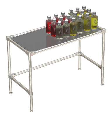 Хромированный средний демо-стол с тонированной усиленной полкой 8 мм для продажи косметики серии COSMETIC ХДС-ПТУ8-D42