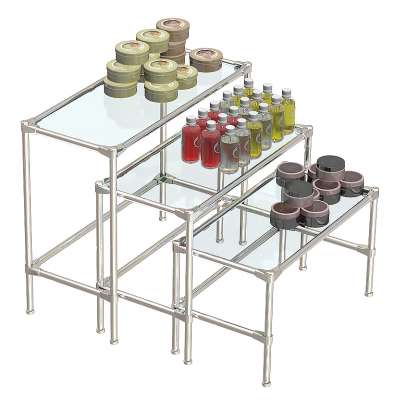 Пристенный комплект хромированных демо-столов со стеклянными полками 6 мм для продажи косметики серии COSMETIC ХДС-ПС6-D44