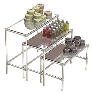 Пристенный комплект хромированных демо-столов с зеркальными полками для продажи косметики серии COSMETIC ХДС-ПЗ-D44