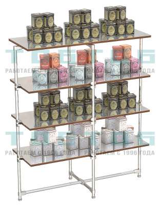 Хромированный остров с зеркальными полками для продажи чая и кофе ХОСП-ЧК-05