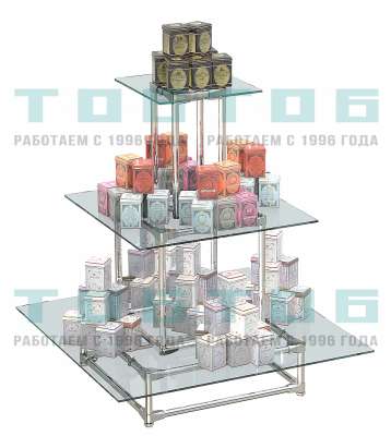 Пирамида на хромированном каркасе с квадратными стеклянными полками для продажи чая и кофе ПХК-ЧК-02