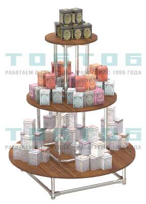 Пирамида на хромированном каркасе с круглыми полками ДСП для продажи чая и кофе ПХК-ЧК-04