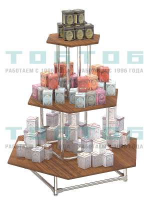 Пирамида на хромированном каркасе с шести-гранными полками ДСП для продажи чая и кофе ПХК-ЧК-07