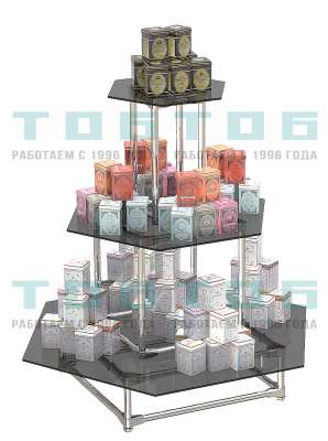 Пирамида на хромированном каркасе с шести-гранными тонированными полками для продажи чая и кофе ПХК-ЧК-09