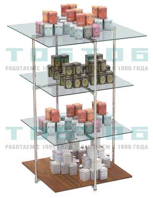 Хромированный стенд с квадратными стеклянными полками для продажи чая и кофе серии ЧК-EX-01