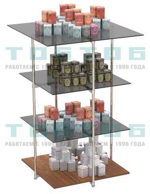 Хромированный стенд с квадратными тонированными полками для продажи чая и кофе серии ЧК-EX-02