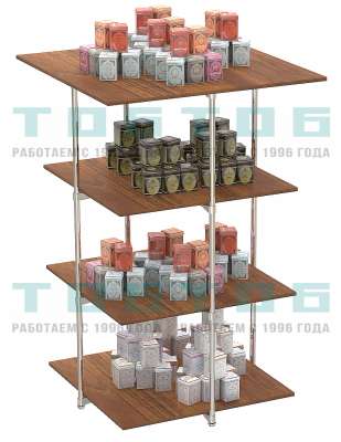 Хромированный стенд с квадратными полками ДСП 16 мм для продажи чая и кофе серии ЧК-EX-03