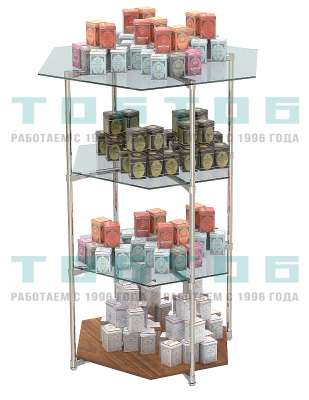 Хромированный стенд с шести-гранными стеклянными полками для продажи чая и кофе серии ЧК-ZV-01