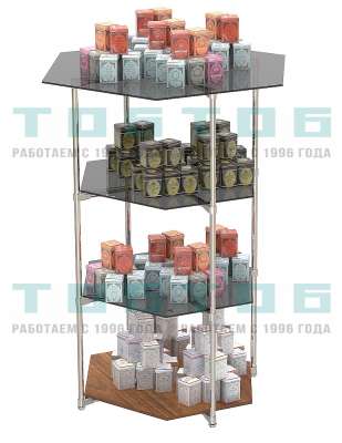 Хромированный стенд с шести-гранными тонированными полками для продажи чая и кофе серии ЧК-ZV-02