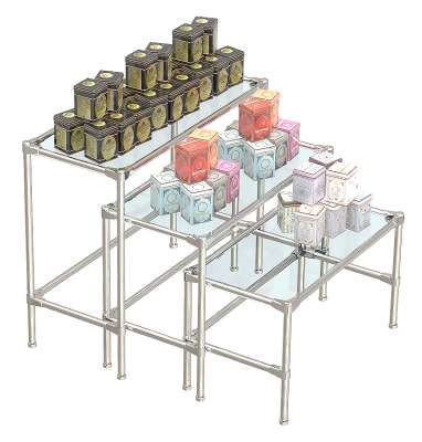 Пристенный комплект хромированных демо-столов с прозрачными полками 6 мм для продажи чая и кофе ПКХДС-ЧК-D44-01