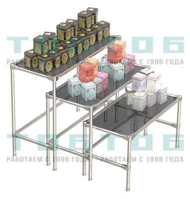 Пристенный комплект хромированных демо-столов с тонированными полками для продажи чая и кофе ПКХДС-ЧК-D44-03