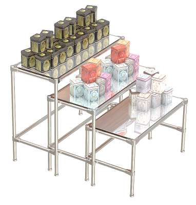 Пристенный комплект хромированных демо-столов с зеркальными полками для продажи чая и кофе ПКХДС-ЧК-D44-05