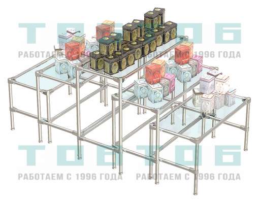 Островной комплект хромированных демо-столов с прозрачными полками для продажи чая и кофе ОКХДС-ЧК-D45-01