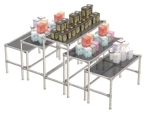 Островной комплект хромированных демо-столов с тонированными полками для продажи чая и кофе ОКХДС-ЧК-D45-03