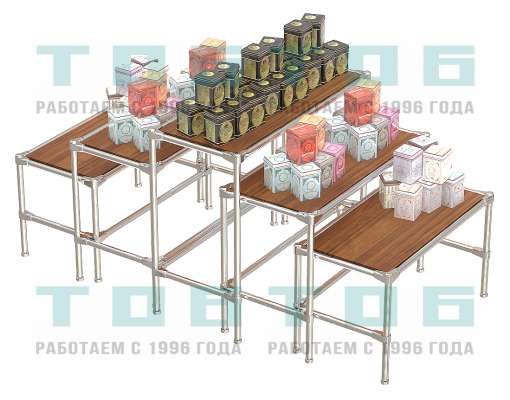 Островной комплект хромированных демо-столов с полками ДСП для продажи чая и кофе ОКХДС-ЧК-D45-04