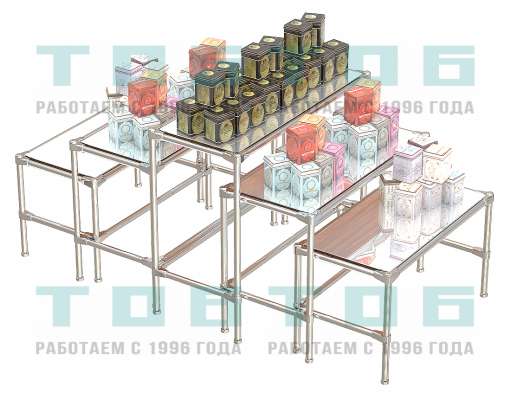 Островной комплект хромированных демо-столов с зеркальными полками для продажи чая и кофе ОКХДС-ЧК-D45-05