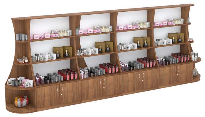 Пристенный длинный стеллаж для продажи парфюмерии с секторами серии PERFUME №4