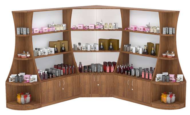 Угловой низкий стеллаж с закруглёнными углами для продажи парфюмерии и секторами серии PERFUME №2