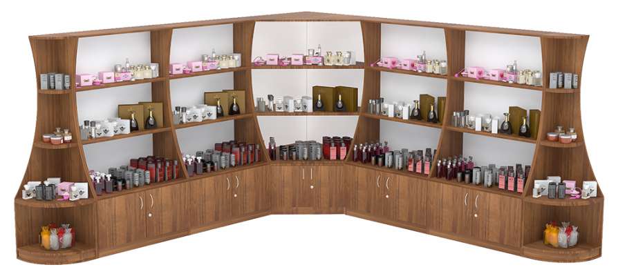 Длинный угловой стеллаж для продажи парфюмерии с секторами серии PERFUME №3