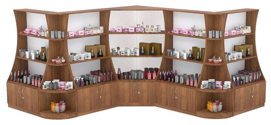 Низкий стеллаж изогнутой формы для продажи парфюмерии с секторами серии PERFUME №4