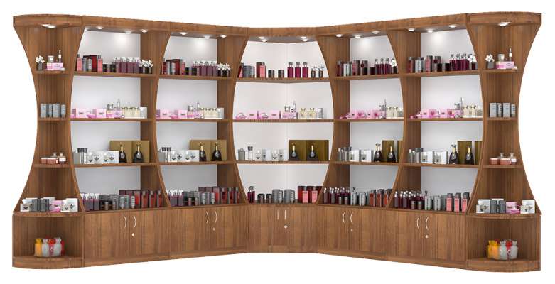 Угловой высокий стеллаж с накопителями для продажи парфюмерии и секторами серии PERFUME №3